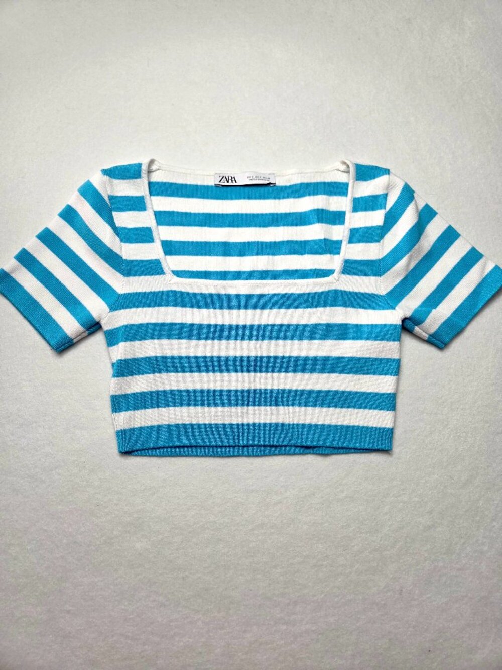 Zara Women's Blue White Striped Knit Crop Top Square Neck Size Small
